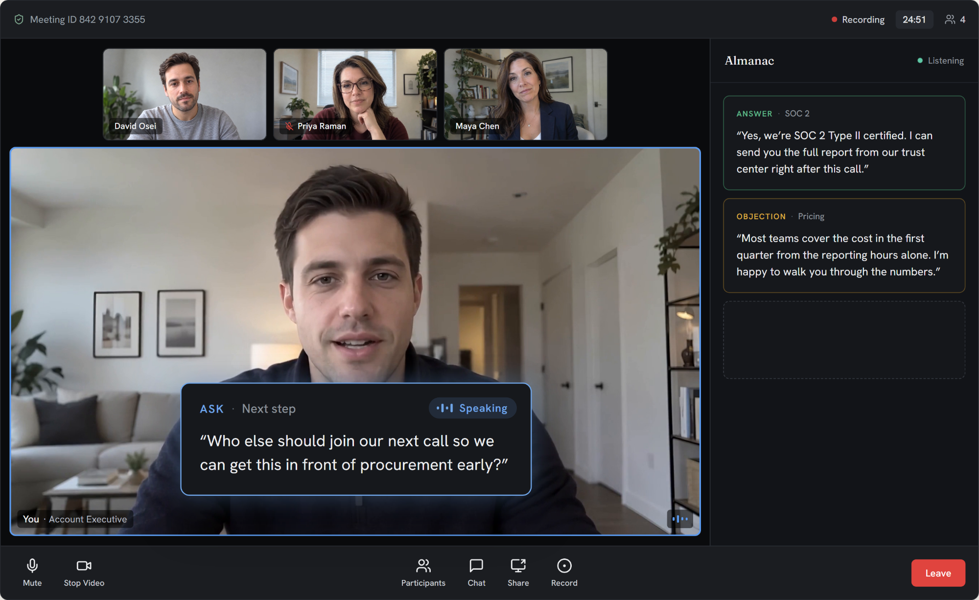 Almanac coaching card shown to the rep during a live video call