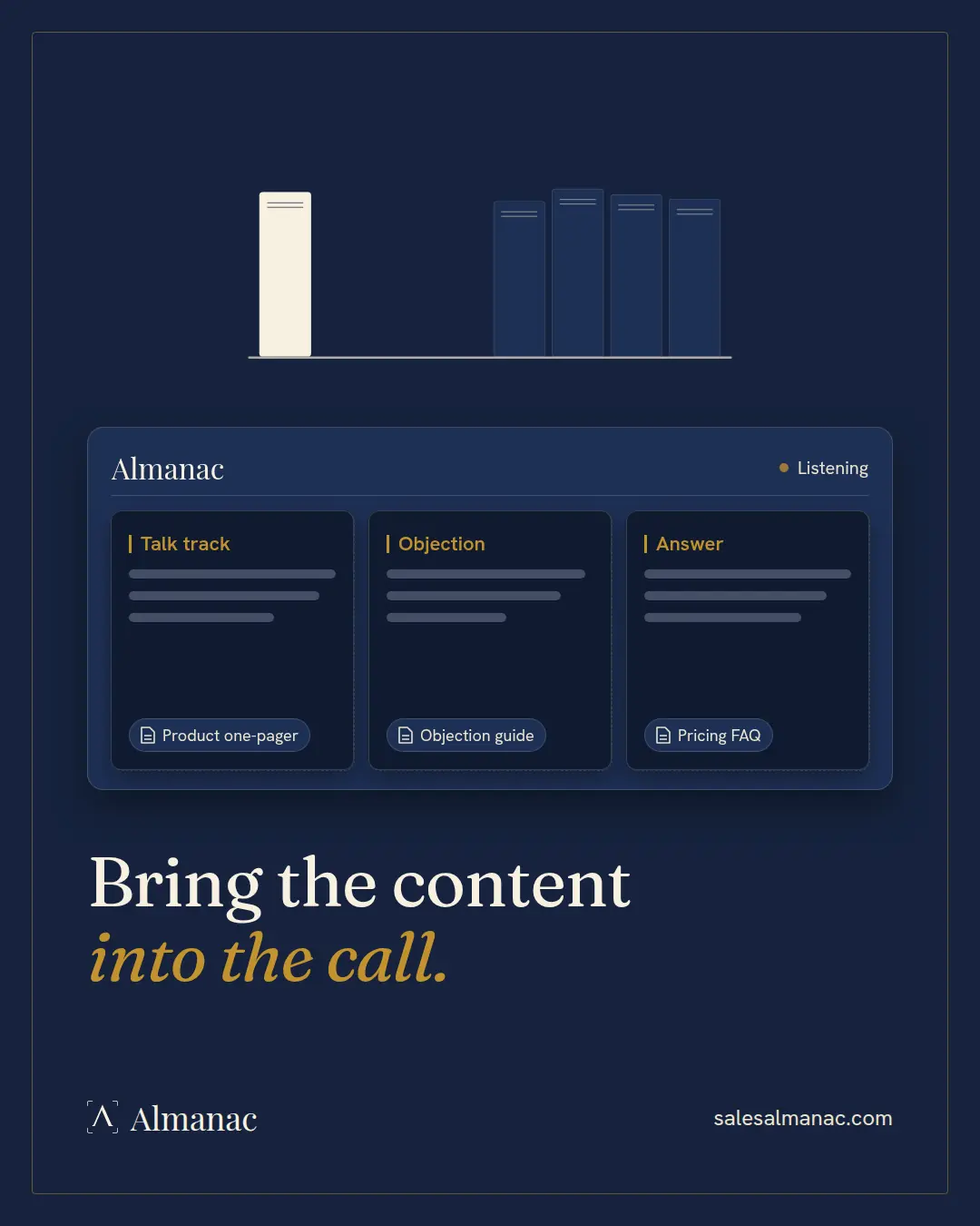 Almanac graphic on a navy background: one document lifts off a shelf of sales content into an Almanac panel showing talk track, objection and answer cards, under the headline Bring the content into the call.